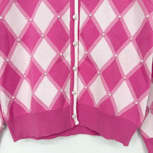 Nanette Lepore Argyle Cardigan Pearl Crew Neck Plaid Barbie Sweater, Pink - Picture 6 of 12